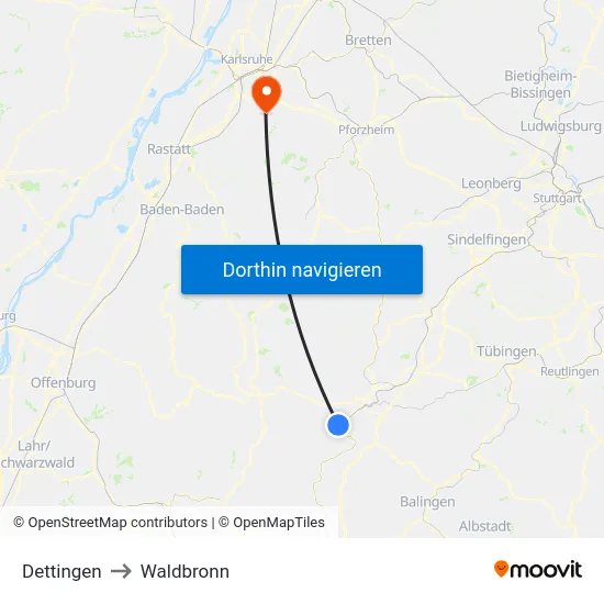 Dettingen to Waldbronn map