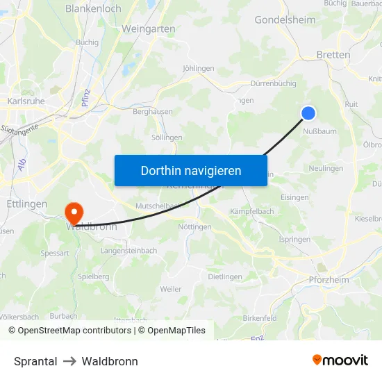 Sprantal to Waldbronn map
