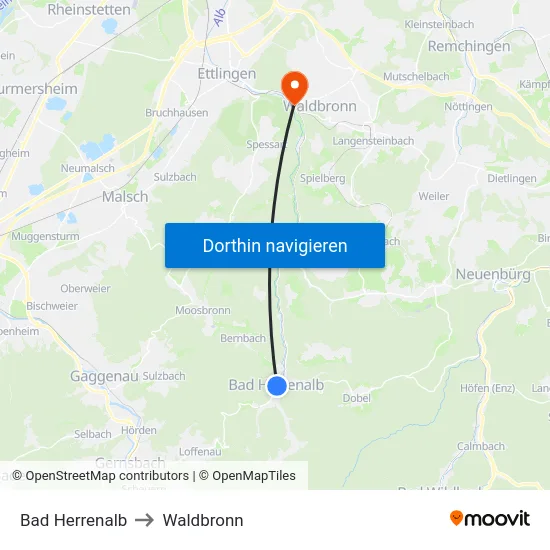 Bad Herrenalb to Waldbronn map