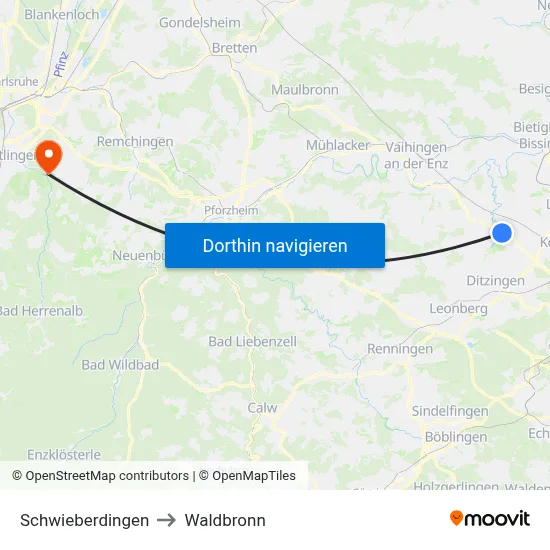 Schwieberdingen to Waldbronn map