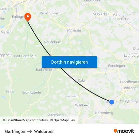 Gärtringen to Waldbronn map