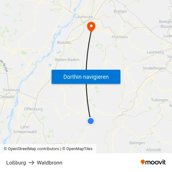 Loßburg to Waldbronn map