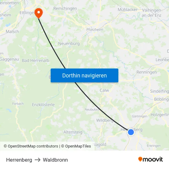 Herrenberg to Waldbronn map