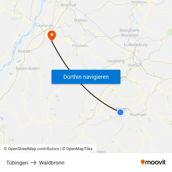 Tübingen to Waldbronn map