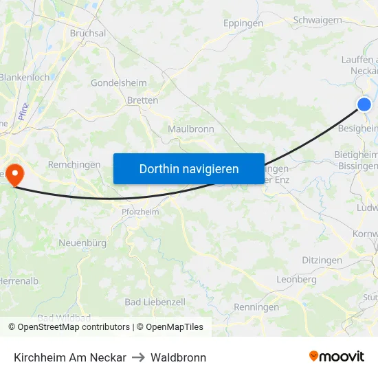Kirchheim Am Neckar to Waldbronn map