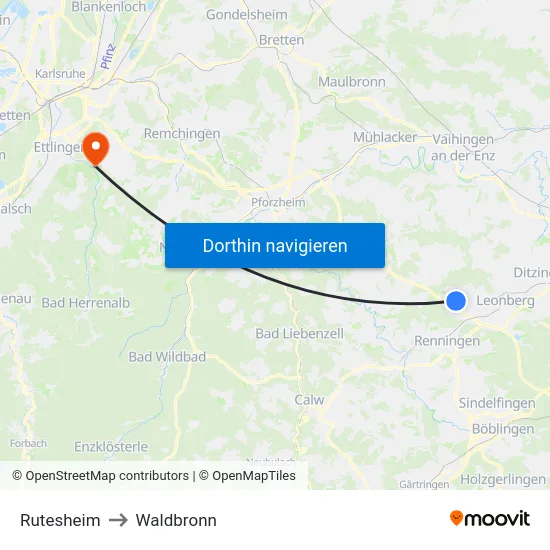 Rutesheim to Waldbronn map