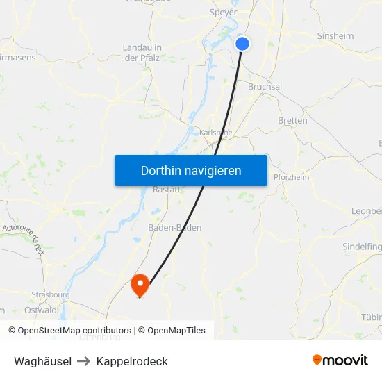 Waghäusel to Kappelrodeck map