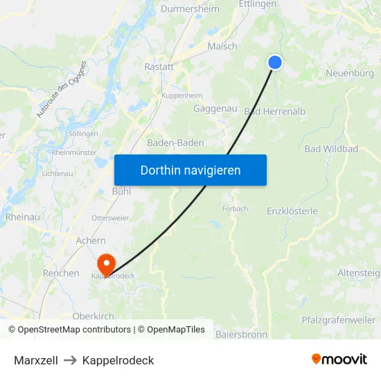 Marxzell to Kappelrodeck map