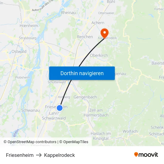 Friesenheim to Kappelrodeck map