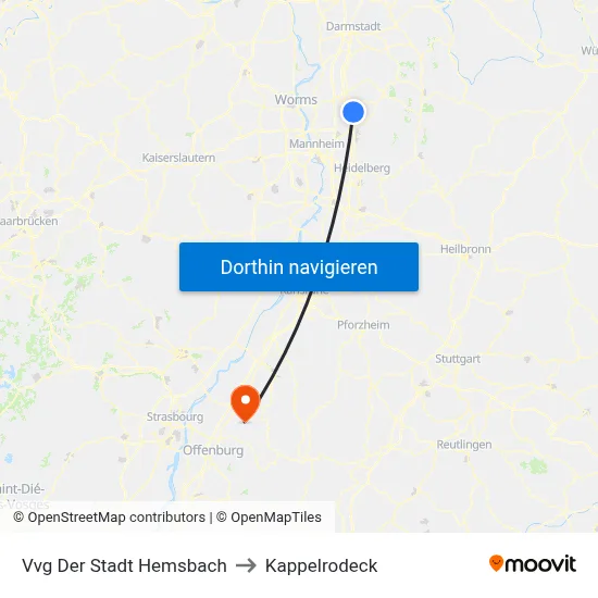 Vvg Der Stadt Hemsbach to Kappelrodeck map