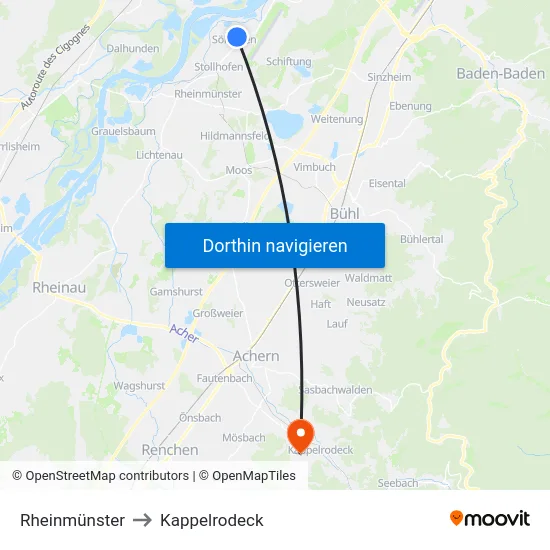 Rheinmünster to Kappelrodeck map