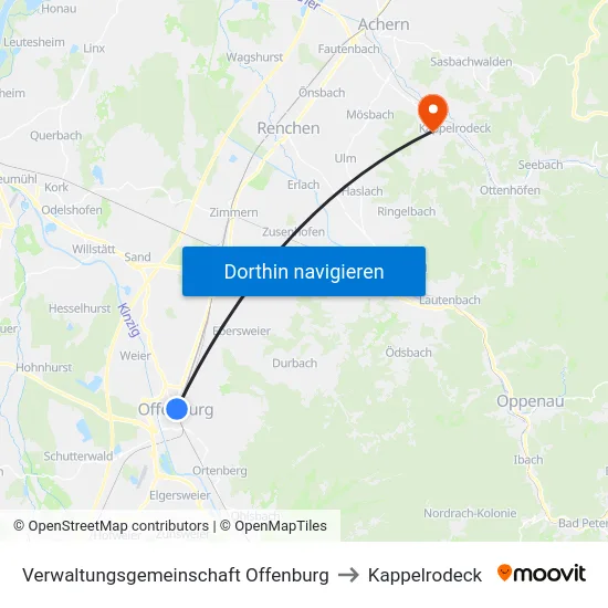 Verwaltungsgemeinschaft Offenburg to Kappelrodeck map