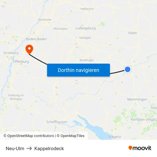 Neu-Ulm to Kappelrodeck map