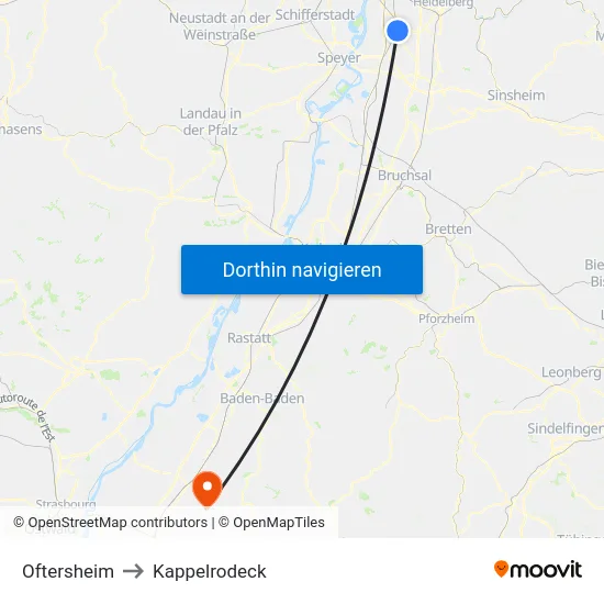 Oftersheim to Kappelrodeck map