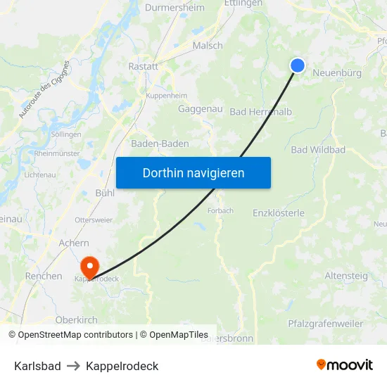 Karlsbad to Kappelrodeck map