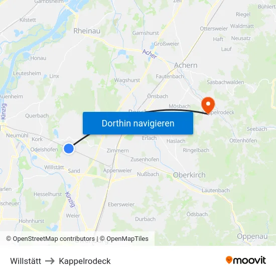 Willstätt to Kappelrodeck map