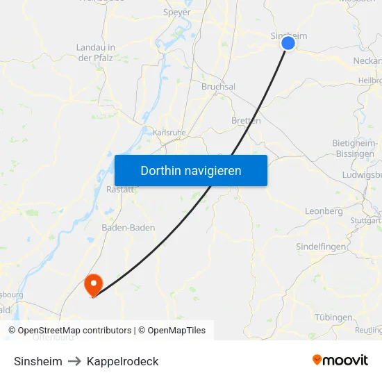 Sinsheim to Kappelrodeck map