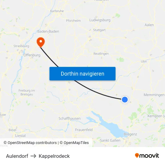 Aulendorf to Kappelrodeck map