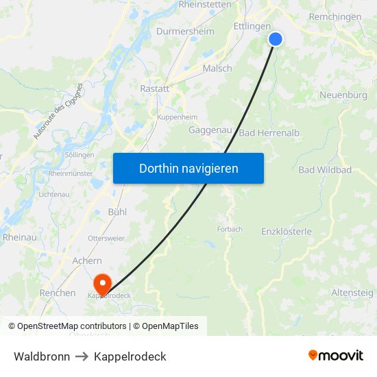 Waldbronn to Kappelrodeck map