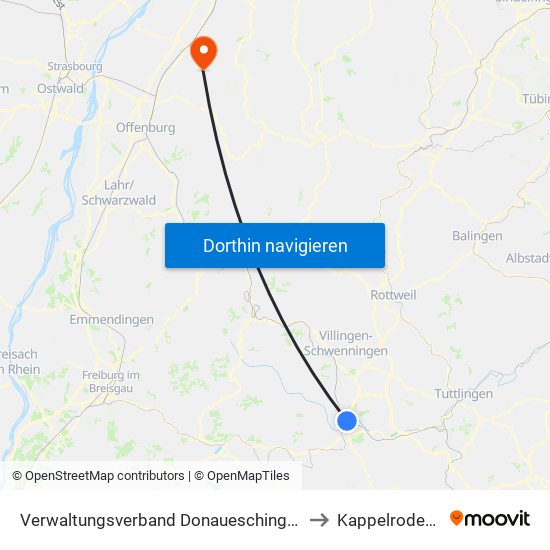 Verwaltungsverband Donaueschingen to Kappelrodeck map