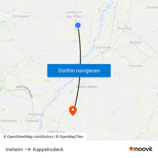 Insheim to Kappelrodeck map
