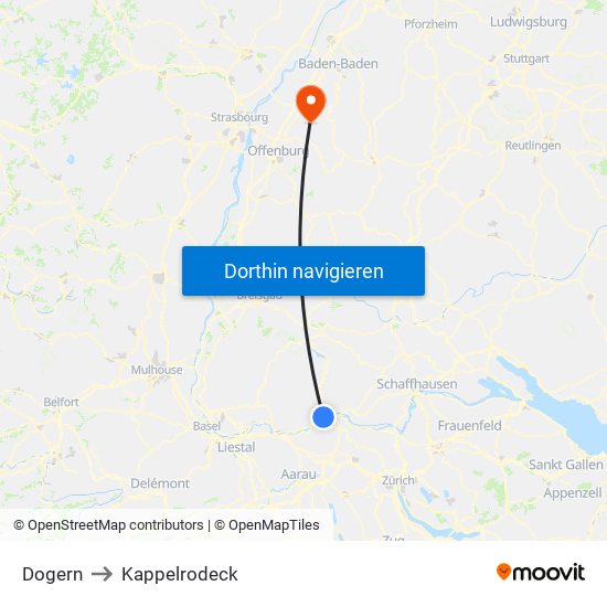 Dogern to Kappelrodeck map