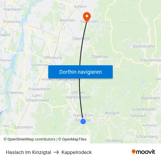 Haslach Im Kinzigtal to Kappelrodeck map