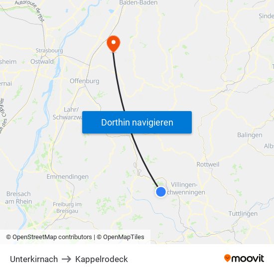 Unterkirnach to Kappelrodeck map