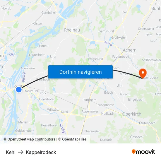 Kehl to Kappelrodeck map