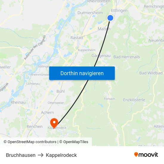 Bruchhausen to Kappelrodeck map