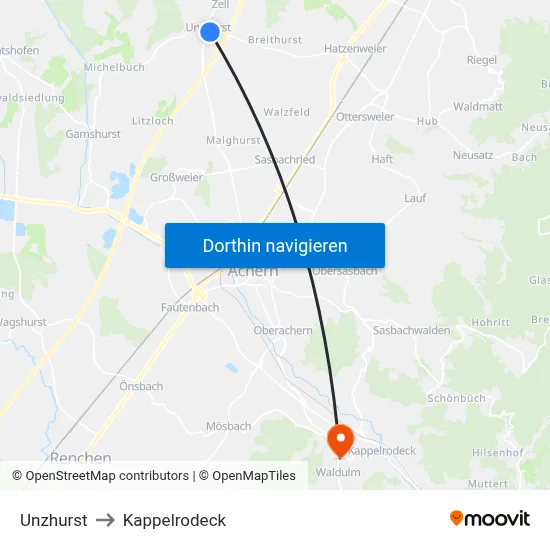 Unzhurst to Kappelrodeck map