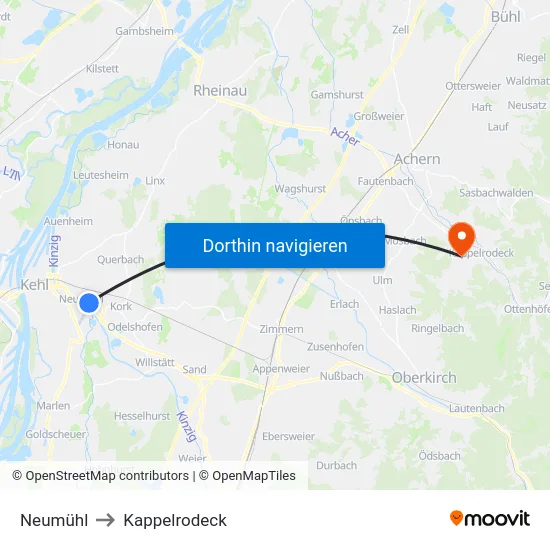 Neumühl to Kappelrodeck map