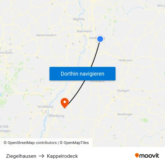 Ziegelhausen to Kappelrodeck map