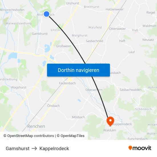 Gamshurst to Kappelrodeck map