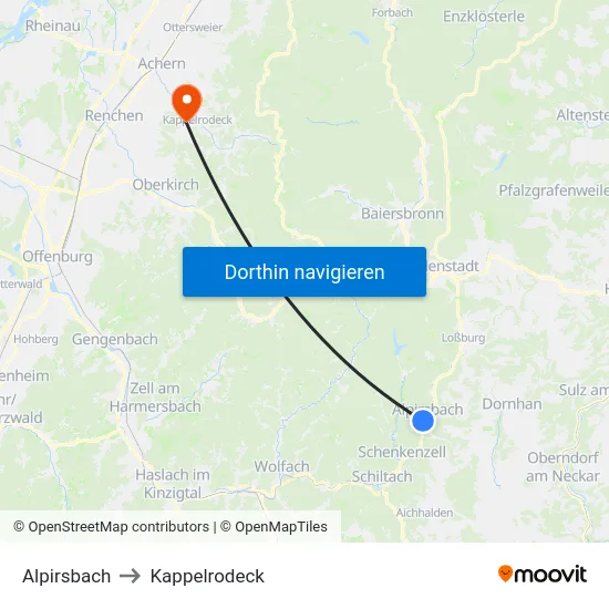 Alpirsbach to Kappelrodeck map