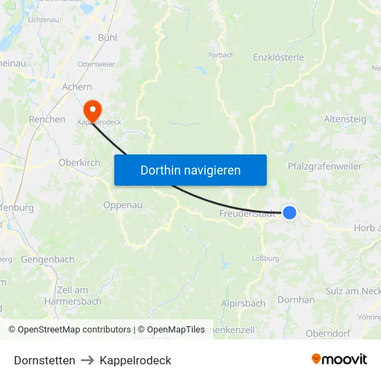 Dornstetten to Kappelrodeck map