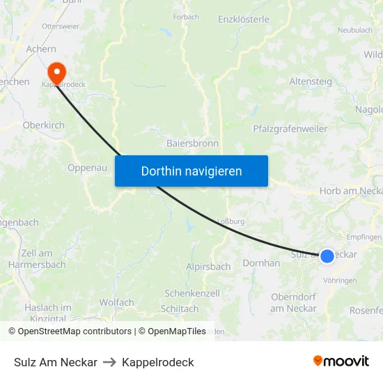 Sulz Am Neckar to Kappelrodeck map