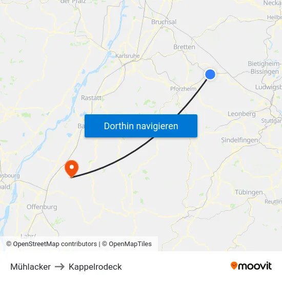 Mühlacker to Kappelrodeck map