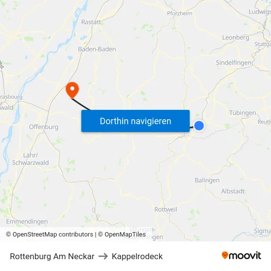 Rottenburg Am Neckar to Kappelrodeck map