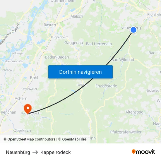 Neuenbürg to Kappelrodeck map