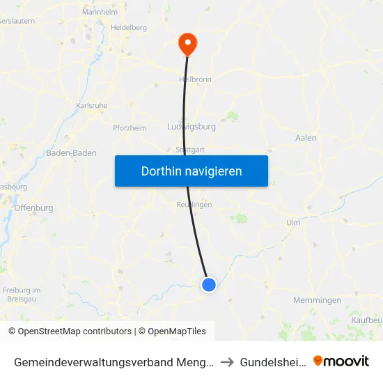 Gemeindeverwaltungsverband Mengen to Gundelsheim map