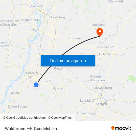 Waldbronn to Gundelsheim map
