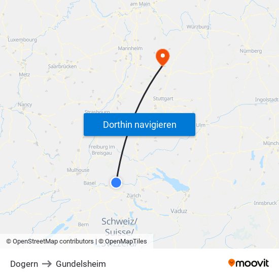Dogern to Gundelsheim map