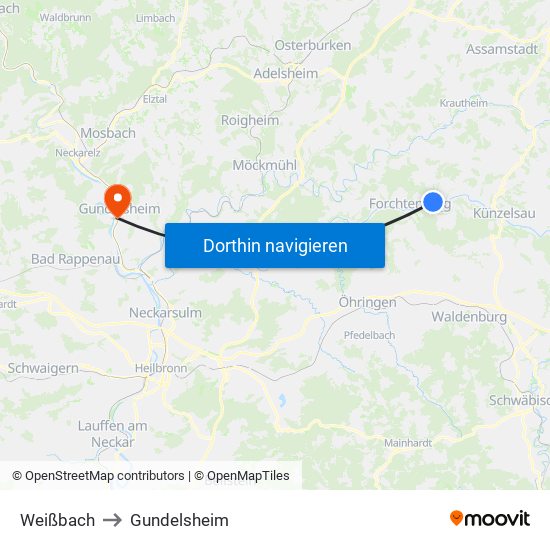 Weißbach to Gundelsheim map