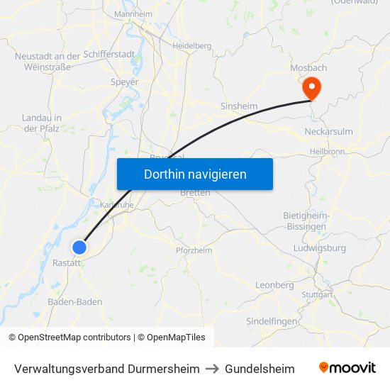 Verwaltungsverband Durmersheim to Gundelsheim map