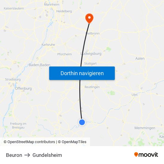 Beuron to Gundelsheim map