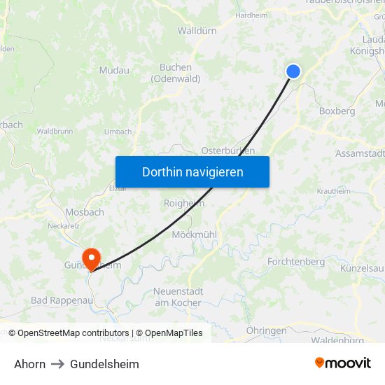 Ahorn to Gundelsheim map