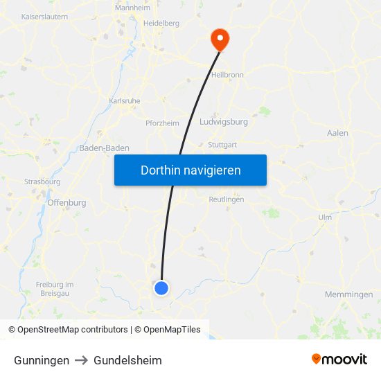 Gunningen to Gundelsheim map