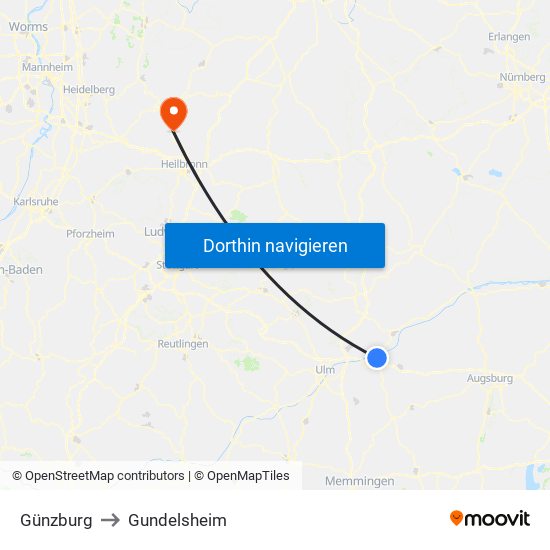 Günzburg to Gundelsheim map