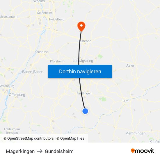 Mägerkingen to Gundelsheim map